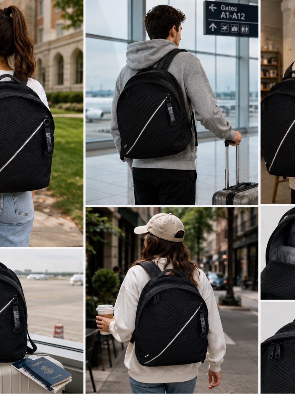 Go Dash Dot Rounded Backpack Black Quilted Laptop Travel School Everyday Bag